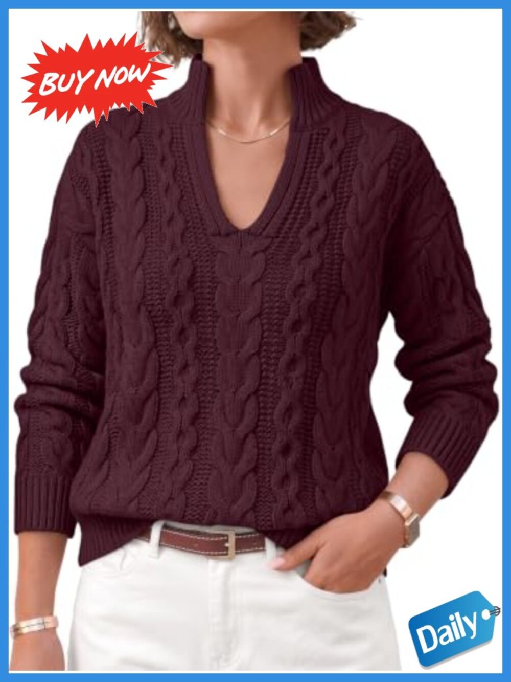 Women Split Mock Neck Cable Knit Pullover Sweater Cotton Acrylic